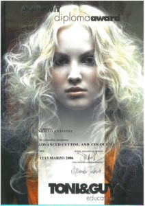 Attestato Toni&Guy Education: Advanced Cutting and Colouring