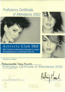 Attestato TIGI Artistic Club: Proficiency Certificate